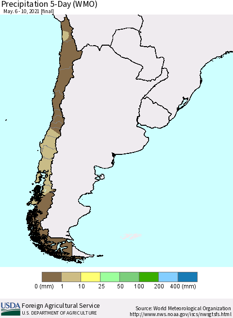 Chile Precipitation 5-Day (WMO) Thematic Map For 5/6/2021 - 5/10/2021