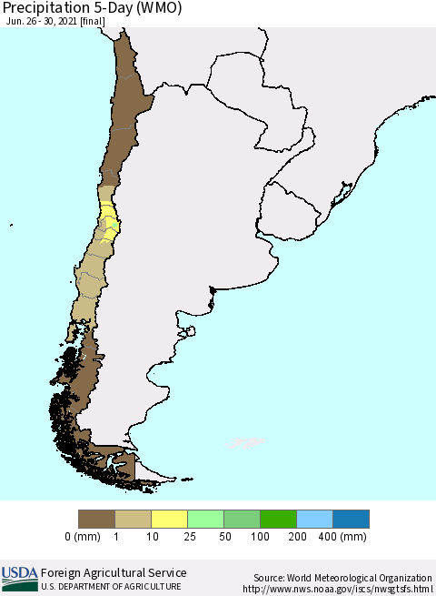 Chile Precipitation 5-Day (WMO) Thematic Map For 6/26/2021 - 6/30/2021