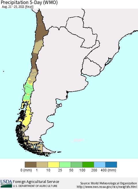 Chile Precipitation 5-Day (WMO) Thematic Map For 8/21/2021 - 8/25/2021