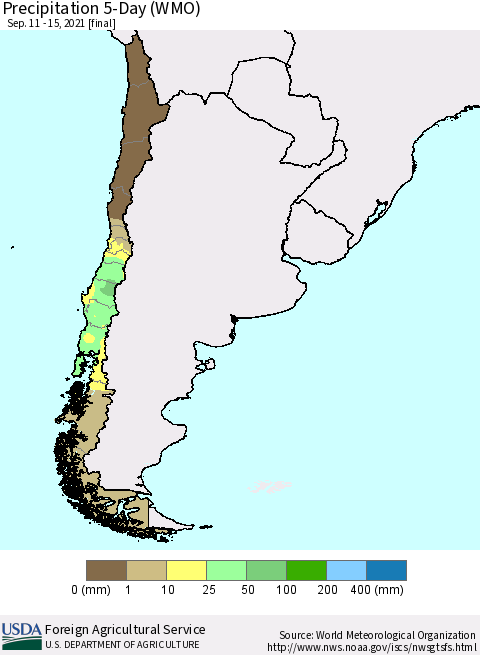 Chile Precipitation 5-Day (WMO) Thematic Map For 9/11/2021 - 9/15/2021