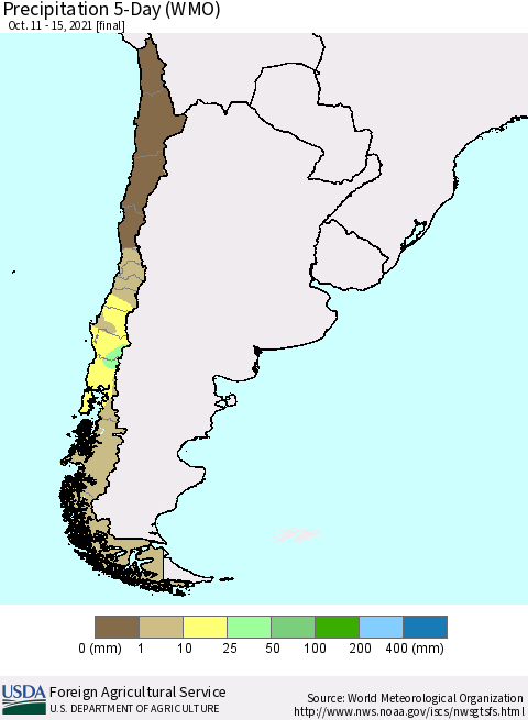 Chile Precipitation 5-Day (WMO) Thematic Map For 10/11/2021 - 10/15/2021