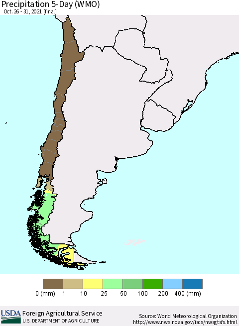 Chile Precipitation 5-Day (WMO) Thematic Map For 10/26/2021 - 10/31/2021