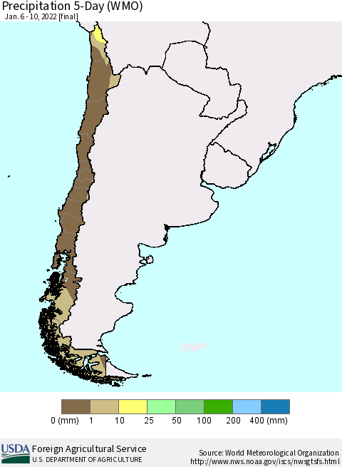 Chile Precipitation 5-Day (WMO) Thematic Map For 1/6/2022 - 1/10/2022