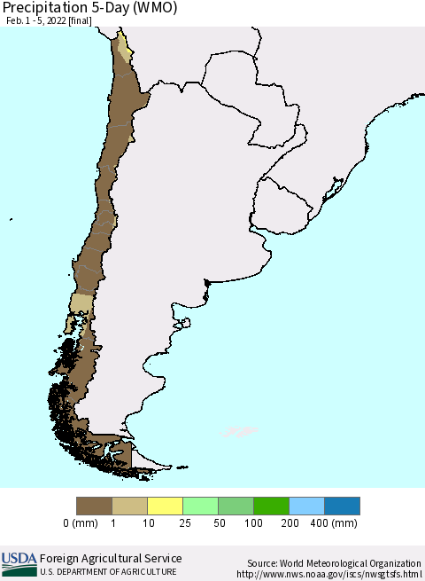 Chile Precipitation 5-Day (WMO) Thematic Map For 2/1/2022 - 2/5/2022