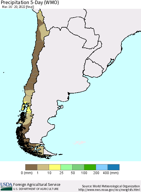 Chile Precipitation 5-Day (WMO) Thematic Map For 3/16/2022 - 3/20/2022