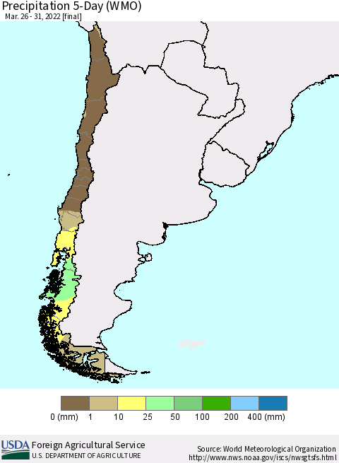 Chile Precipitation 5-Day (WMO) Thematic Map For 3/26/2022 - 3/31/2022