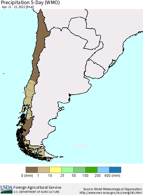 Chile Precipitation 5-Day (WMO) Thematic Map For 4/11/2022 - 4/15/2022
