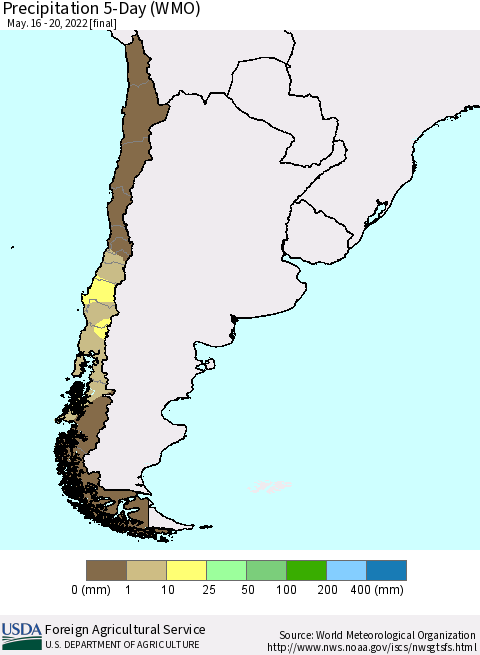 Chile Precipitation 5-Day (WMO) Thematic Map For 5/16/2022 - 5/20/2022