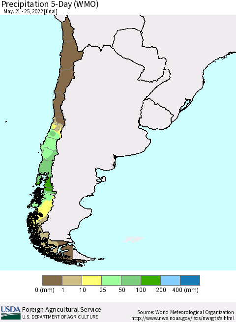 Chile Precipitation 5-Day (WMO) Thematic Map For 5/21/2022 - 5/25/2022