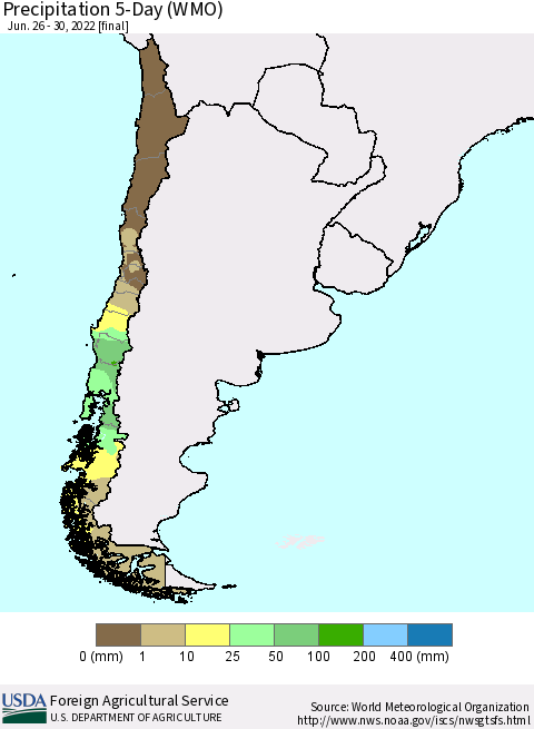 Chile Precipitation 5-Day (WMO) Thematic Map For 6/26/2022 - 6/30/2022