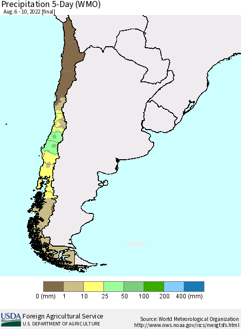 Chile Precipitation 5-Day (WMO) Thematic Map For 8/6/2022 - 8/10/2022