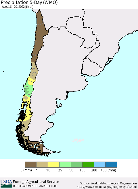 Chile Precipitation 5-Day (WMO) Thematic Map For 8/16/2022 - 8/20/2022