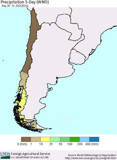 Chile Precipitation 5-Day (WMO) Thematic Map For 8/26/2022 - 8/31/2022