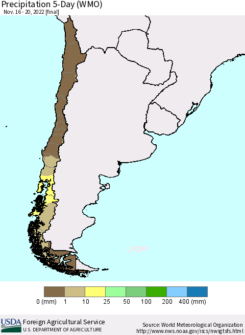 Chile Precipitation 5-Day (WMO) Thematic Map For 11/16/2022 - 11/20/2022