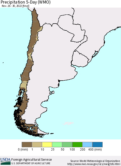 Chile Precipitation 5-Day (WMO) Thematic Map For 11/26/2022 - 11/30/2022