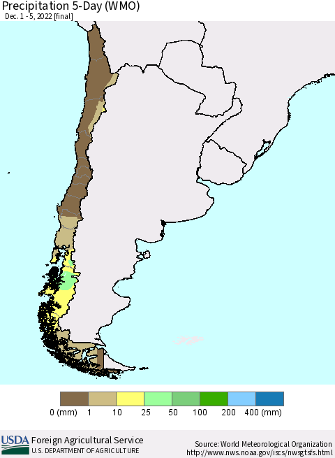 Chile Precipitation 5-Day (WMO) Thematic Map For 12/1/2022 - 12/5/2022