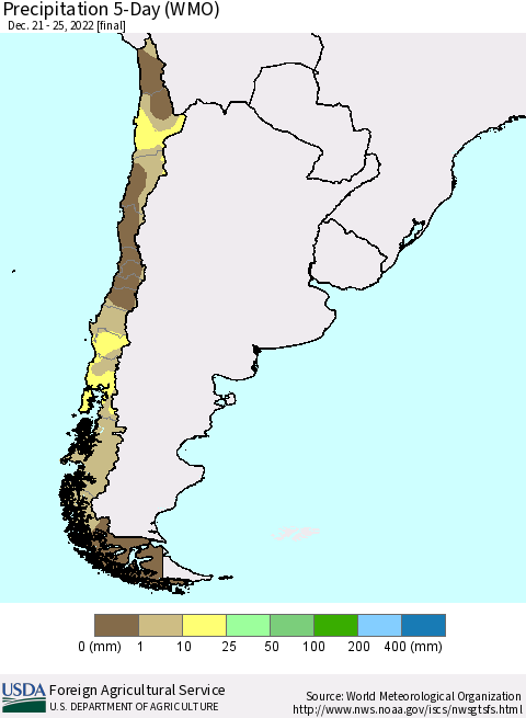 Chile Precipitation 5-Day (WMO) Thematic Map For 12/21/2022 - 12/25/2022