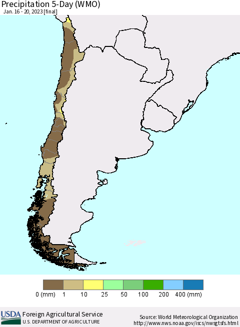 Chile Precipitation 5-Day (WMO) Thematic Map For 1/16/2023 - 1/20/2023