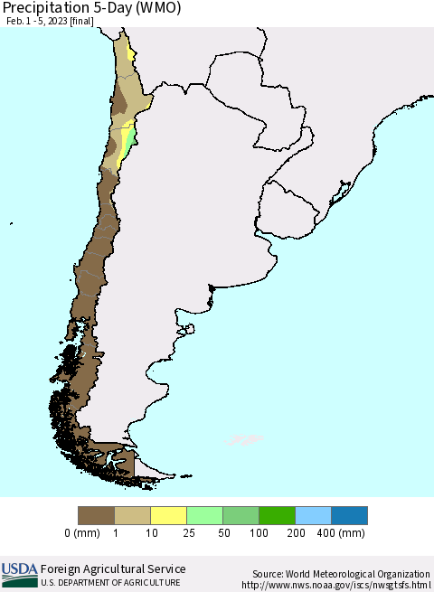 Chile Precipitation 5-Day (WMO) Thematic Map For 2/1/2023 - 2/5/2023