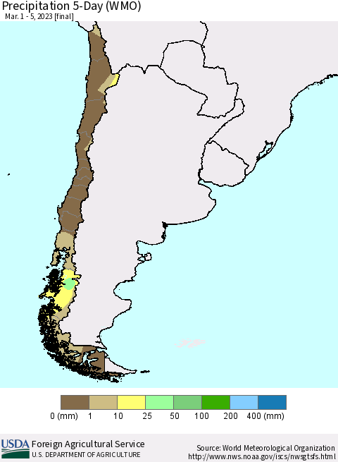 Chile Precipitation 5-Day (WMO) Thematic Map For 3/1/2023 - 3/5/2023