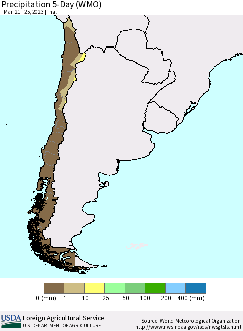Chile Precipitation 5-Day (WMO) Thematic Map For 3/21/2023 - 3/25/2023
