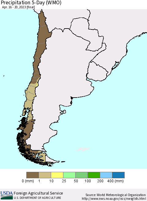 Chile Precipitation 5-Day (WMO) Thematic Map For 4/16/2023 - 4/20/2023