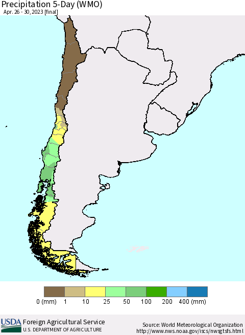 Chile Precipitation 5-Day (WMO) Thematic Map For 4/26/2023 - 4/30/2023
