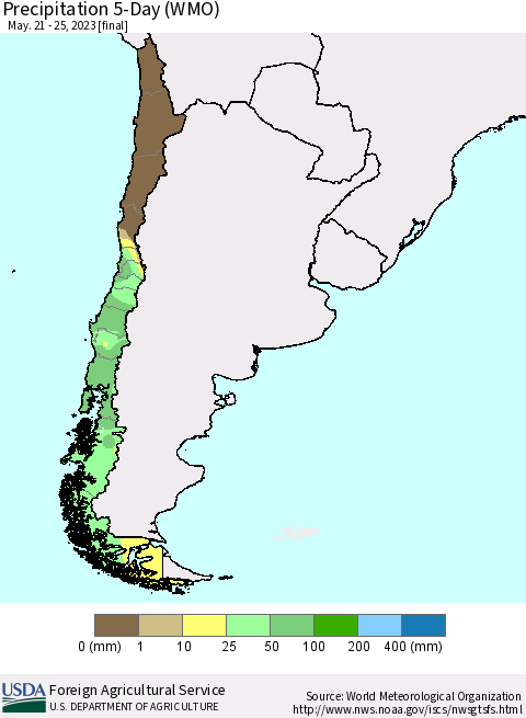 Chile Precipitation 5-Day (WMO) Thematic Map For 5/21/2023 - 5/25/2023