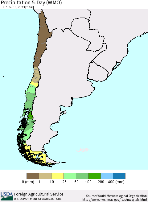 Chile Precipitation 5-Day (WMO) Thematic Map For 6/6/2023 - 6/10/2023