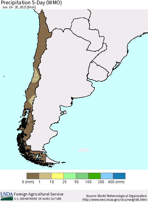 Chile Precipitation 5-Day (WMO) Thematic Map For 6/16/2023 - 6/20/2023