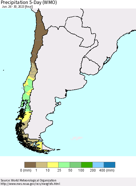 Chile Precipitation 5-Day (WMO) Thematic Map For 6/26/2023 - 6/30/2023