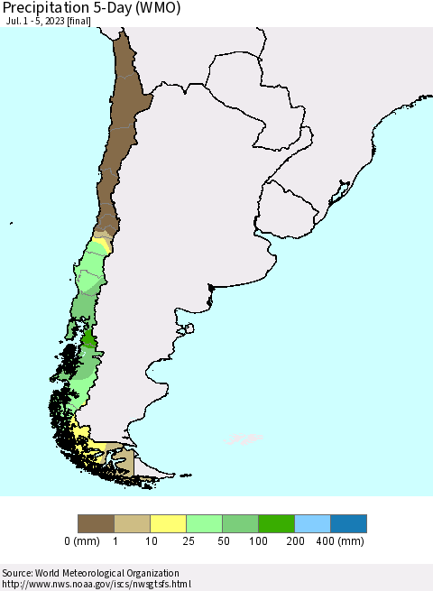 Chile Precipitation 5-Day (WMO) Thematic Map For 7/1/2023 - 7/5/2023