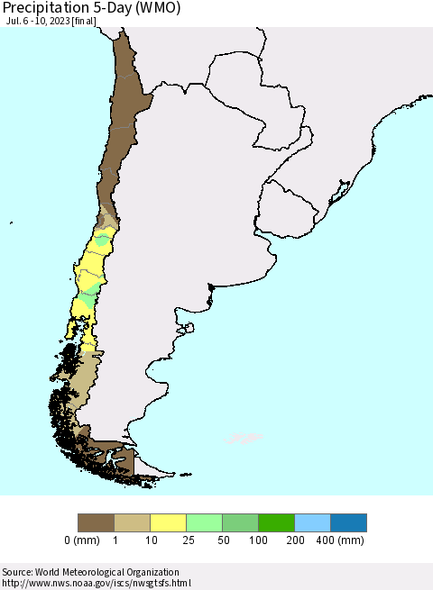 Chile Precipitation 5-Day (WMO) Thematic Map For 7/6/2023 - 7/10/2023