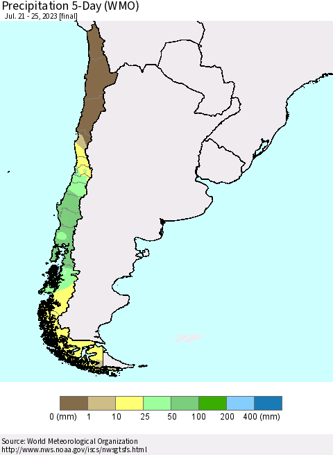 Chile Precipitation 5-Day (WMO) Thematic Map For 7/21/2023 - 7/25/2023