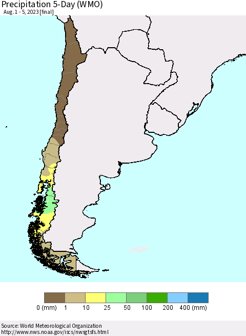 Chile Precipitation 5-Day (WMO) Thematic Map For 8/1/2023 - 8/5/2023
