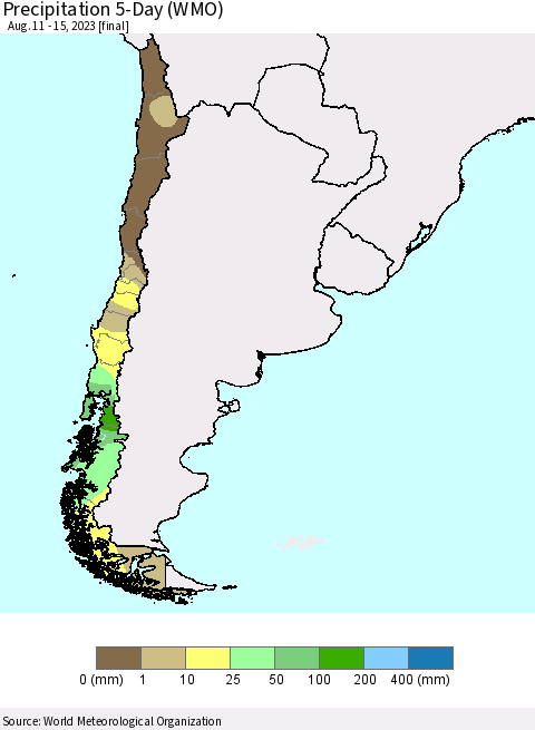 Chile Precipitation 5-Day (WMO) Thematic Map For 8/11/2023 - 8/15/2023