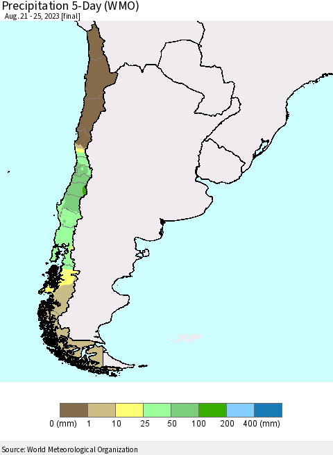 Chile Precipitation 5-Day (WMO) Thematic Map For 8/21/2023 - 8/25/2023