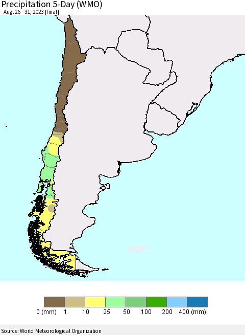Chile Precipitation 5-Day (WMO) Thematic Map For 8/26/2023 - 8/31/2023