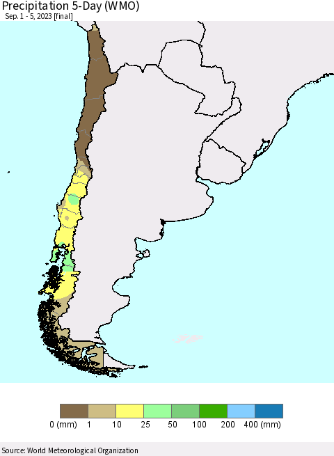 Chile Precipitation 5-Day (WMO) Thematic Map For 9/1/2023 - 9/5/2023