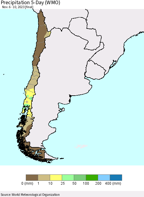 Chile Precipitation 5-Day (WMO) Thematic Map For 11/6/2023 - 11/10/2023