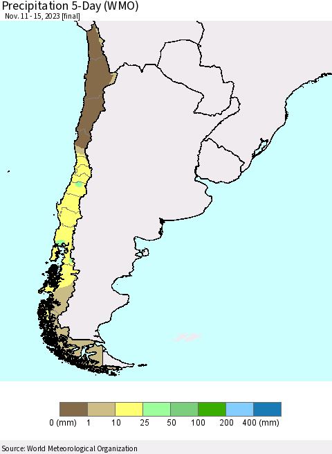 Chile Precipitation 5-Day (WMO) Thematic Map For 11/11/2023 - 11/15/2023