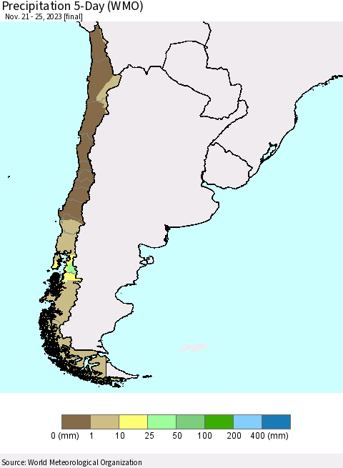 Chile Precipitation 5-Day (WMO) Thematic Map For 11/21/2023 - 11/25/2023