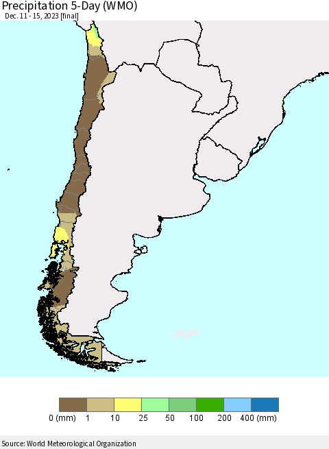 Chile Precipitation 5-Day (WMO) Thematic Map For 12/11/2023 - 12/15/2023