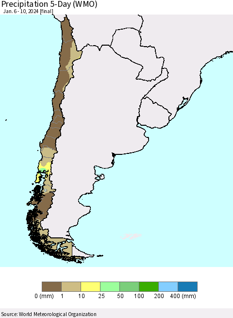Chile Precipitation 5-Day (WMO) Thematic Map For 1/6/2024 - 1/10/2024