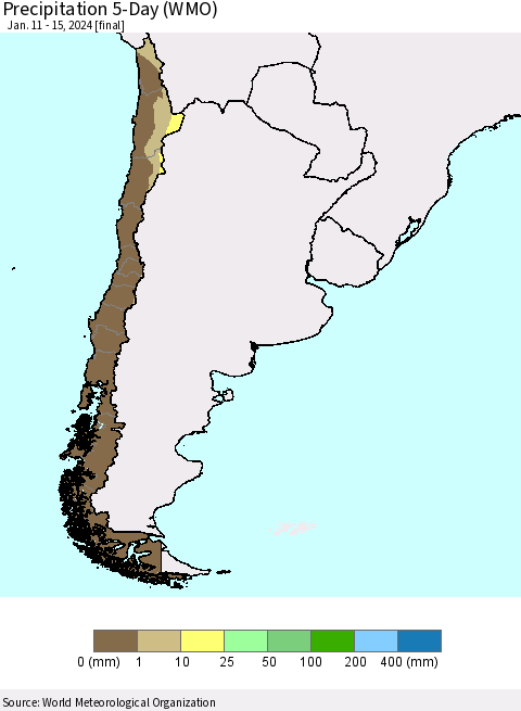 Chile Precipitation 5-Day (WMO) Thematic Map For 1/11/2024 - 1/15/2024