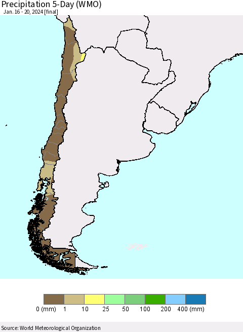Chile Precipitation 5-Day (WMO) Thematic Map For 1/16/2024 - 1/20/2024
