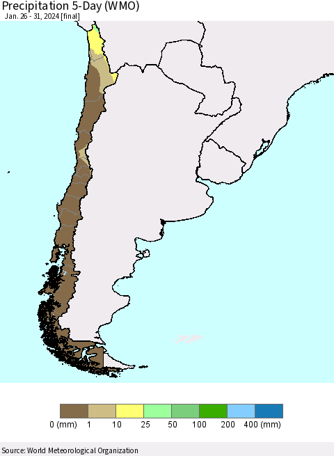 Chile Precipitation 5-Day (WMO) Thematic Map For 1/26/2024 - 1/31/2024