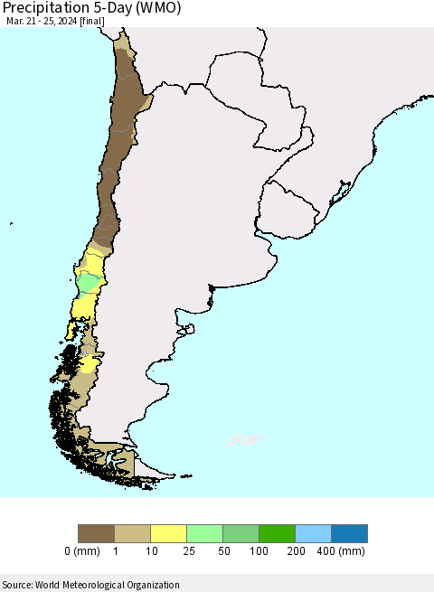 Chile Precipitation 5-Day (WMO) Thematic Map For 3/21/2024 - 3/25/2024