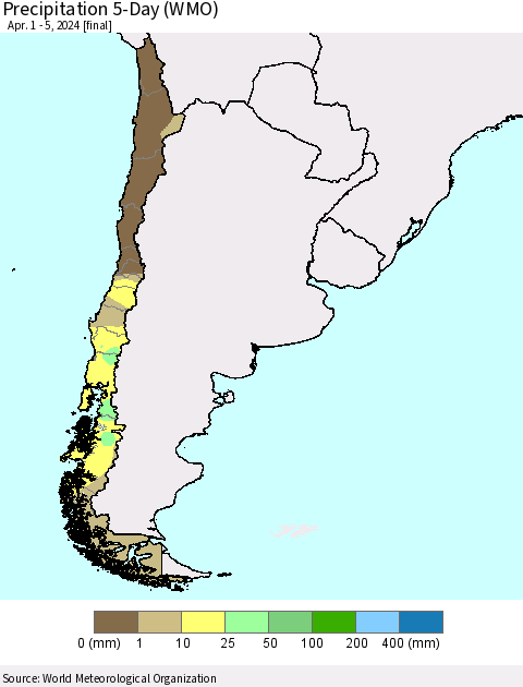 Chile Precipitation 5-Day (WMO) Thematic Map For 4/1/2024 - 4/5/2024