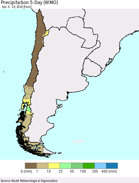 Chile Precipitation 5-Day (WMO) Thematic Map For 4/6/2024 - 4/10/2024